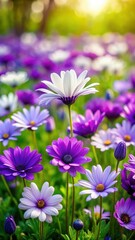 Vibrant purple flower blooms surrounded by delicate white petals in a lush meadow