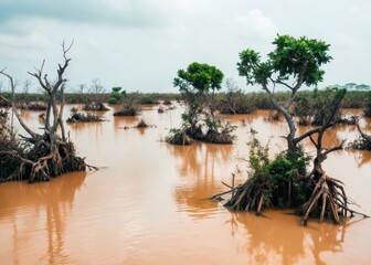 Fototapeta premium Swampy landscape with murky muddy water and tangled vegetation