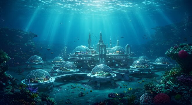 Futuristic Underwater City with Glass Domes and Marine Life

