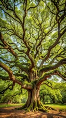 Fototapeta premium Ancient tree with gnarled branches in a park setting