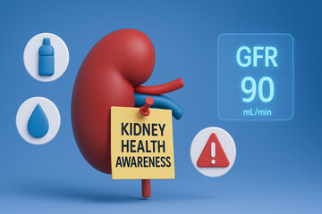 Kidney health awareness concept in 3D with hydration symbols, GFR reading, and warning sign, promoting early detection and water intake for renal care.
