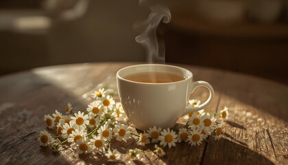 a glass of camomile tea with camomile flowers