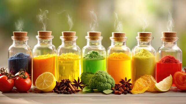 A variety of colorful spices and herbs in glass jars with cork tops, arranged in a row on a wooden surface with fresh vegetables and fruits around them.