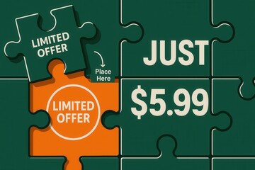Puzzle-themed banner featuring LIMITED OFFER and JUST $5.99 discount, modern flat style, enticing retail promotion.