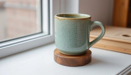 Serene Coffee Mug on Wooden Coaster by Window