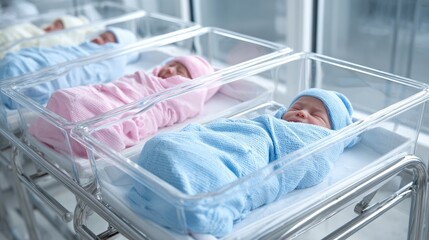 Three newborn babies in transparent incubators with blankets and hats.