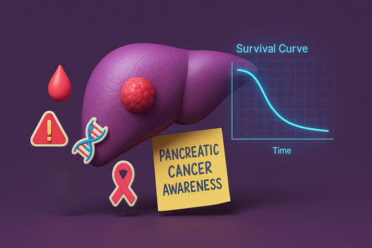 3D illustration of pancreatic cancer awareness with tumor, warning signs, DNA, blood drop, and survival curve graph
