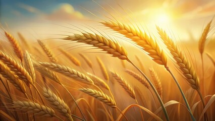 Golden wheat ears swaying gently in a sunny field on a warm summer day