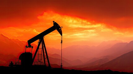 A silhouette of an oil pump jack against a vibrant orange and red sky with mountains in the background.