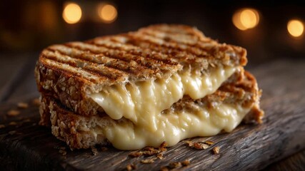 A mouthwatering grilled cheese sandwich with gooey cheddar oozing onto a rustic wooden board, captured in warm golden hour light. - Powered by Adobe