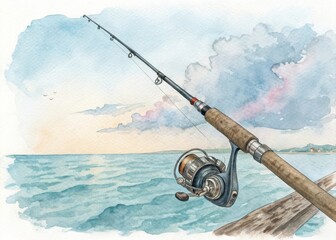 Detailed fishing pole with soft light on real watercolor background