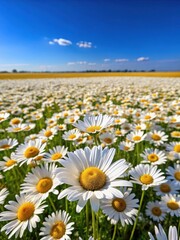 Sunny field of yellow and white daisies stretching as far as the eye can see on a cloudless day © Songkran