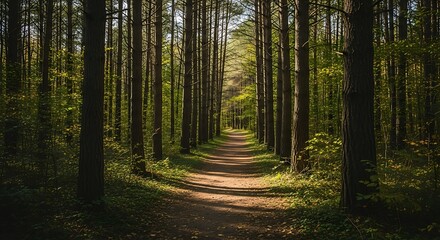 Fototapeta premium Sunlit Forest Path with Autumn Walk.