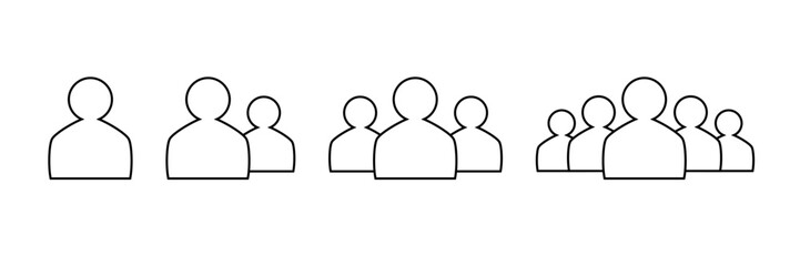 User icon set with single person, pairs and bigger teams. Flat design line art vector simple user silhouettes. Isolated user icons.