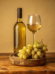Obraz premium Old wine bottle with a white wine glass and a few grapes on beige background
