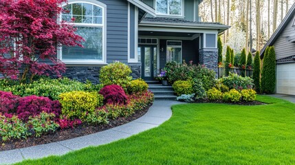 A beautifully landscaped front yard with a wellmaintained lawn, shrubs, and decorative plants.