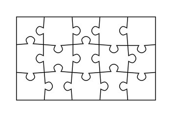 Puzzle pieces blank template. Cutting lines grid design for kids jigsaw rounded rectangle puzzle - 15 pieces.