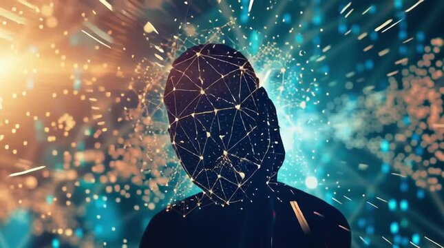 Silhouette of a person holding head in frustration, surrounded by glowing AI nodes and digital network lines, abstract technology background, concept art style, 4K ultra high resolution, neutral illus