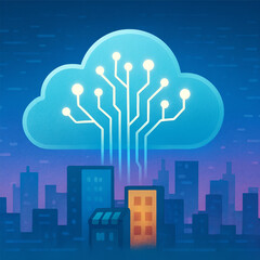 Obraz premium Glowing Cloud with Circuit Board Design over City Skyline at Night 
