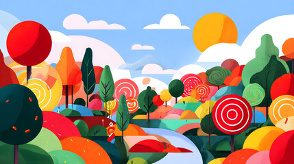Colorful Candy Land Fantasy Landscape with Lollipop Trees and Sweet Hills