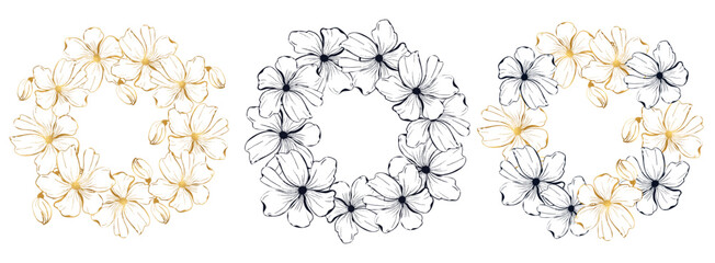 A black and white and gold drawing of a flower wreath set with a white background. The flowers are drawn in a stylized way, with each petal and stem carefully outlined