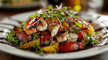 A beautifully plated dish of gourmet restaurant food, featuring colorful vegetables and fresh ingredients.