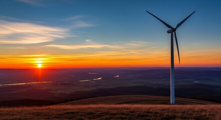 Obraz premium A wind turbine on a hill at sunset with a colorful sky and distant landscape under a gradient sky view