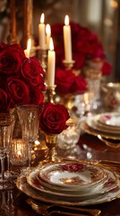 Elegant Table Setting with Red Roses for Romantic Valentines Day