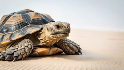 A close-up of a desert tortoise's face with wrinkled skin and a long neck in a sandy environment