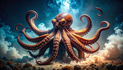 Obraz premium Ultra-realistic stock image of an octopus with its tentacles under the ocean, bubbles mixing with steam, glowing jellyfish in the background, dreamlike cinematic lighting