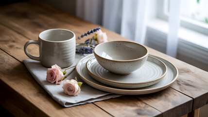 Rustic ceramic dinnerware set on a wooden table with flowers for a serene morning breakfast concept.
