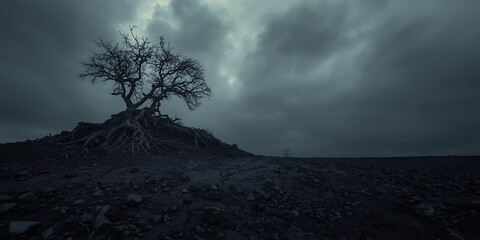 A dark, moody, and cinematic landscape features a solitary leafless tree on the left, atop a rugged black hill with exposed, twisted roots gripping rocky terrain.