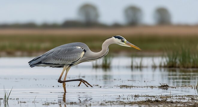 Grey Heron wading with wetland habitat.