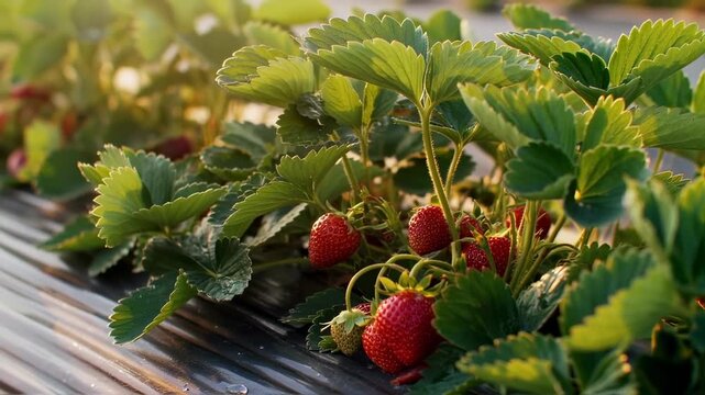 Strawberry patch at golden hour, showcasing ripe fruit and verdant foliage freshness, agricultural