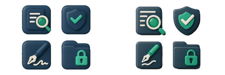 Set of 3D icons for document management and data security including contract signature, file protection, and policy review symbols