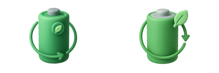 Obraz premium 3D green battery icon with leaf and recycling arrow for renewable energy and sustainable power concept isolated on white background