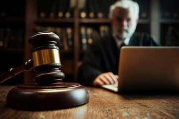 Judge working on a laptop in a professional office setting.
