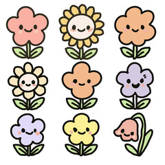 set of cartoon set flowers icon