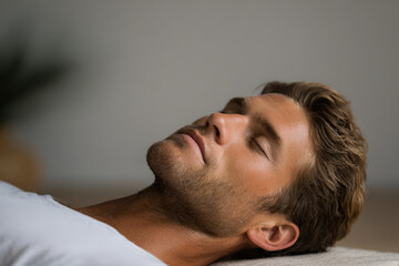 Fototapeta premium young man in complete state of relaxation lying in shavasana pose on mat emanating tranquility