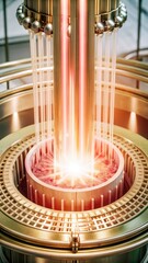 Radiant fuel rods emitting gentle glow in a nuclear reactor core with coolant liquid flowing through