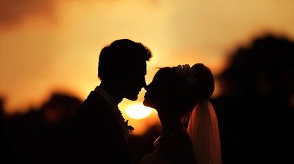 Bride and groom silhouetted against a sunset, capturing a romantic wedding moment.