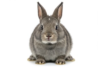 A gray rabbit, front view, sits against a plain white background, showcasing its attentive expression and soft fur.