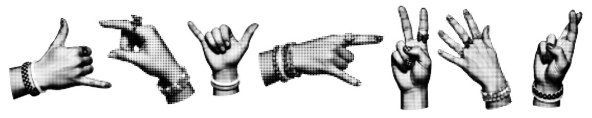 Set of human hands with halftone effect monochrome image of hands gestures. paper clipping shapes cut out modern retro vector illustration on transparent