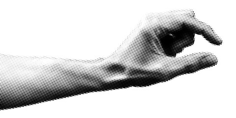 human hands holding small gesture with halftone effect monochrome image of hands gestures. paper clipping shapes cut out modern retro vector illustration on transparent