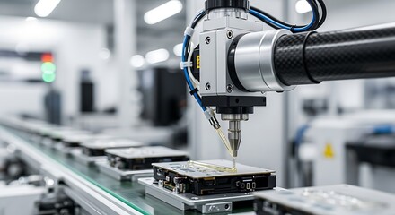 Automated assembly line with robotic arm applying adhesive to circuit boards on a conveyor belt system