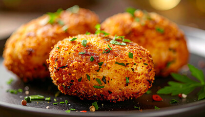 Golden brown croquettes with fresh herbs. Appetizing snack. Tasty food. Cooking and culinary