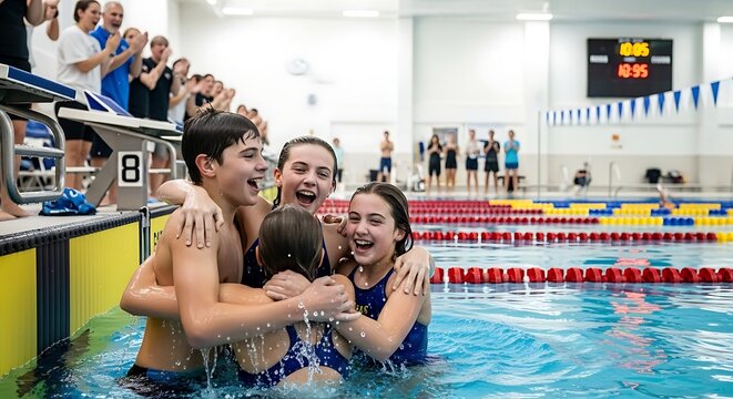 Victorious swim team celebrating in swimming pool after winning competition