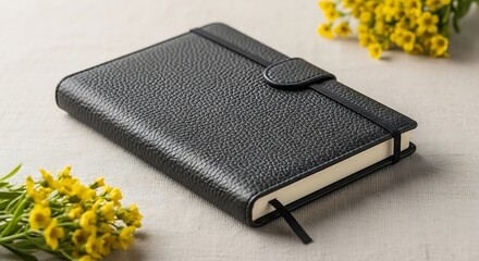 A close up of a black leather notebook with an elastic strap and yellow flowers around it
