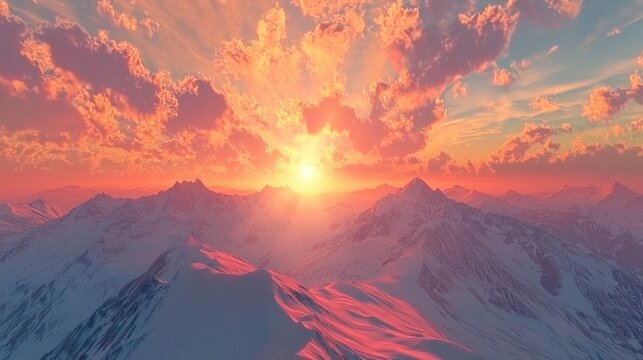 A breathtaking view of a mountain range, with snow-capped peaks and a vibrant, fiery sunset sky. - Powered by Adobe