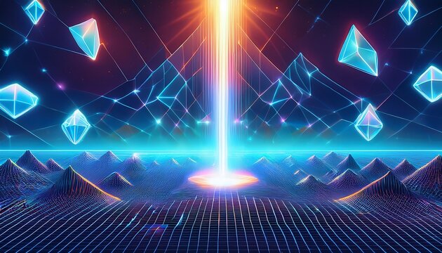 a glowing vertical beam of light rises from a digital grid landscape surrounded by crystals and floating polyhedra - Powered by Adobe